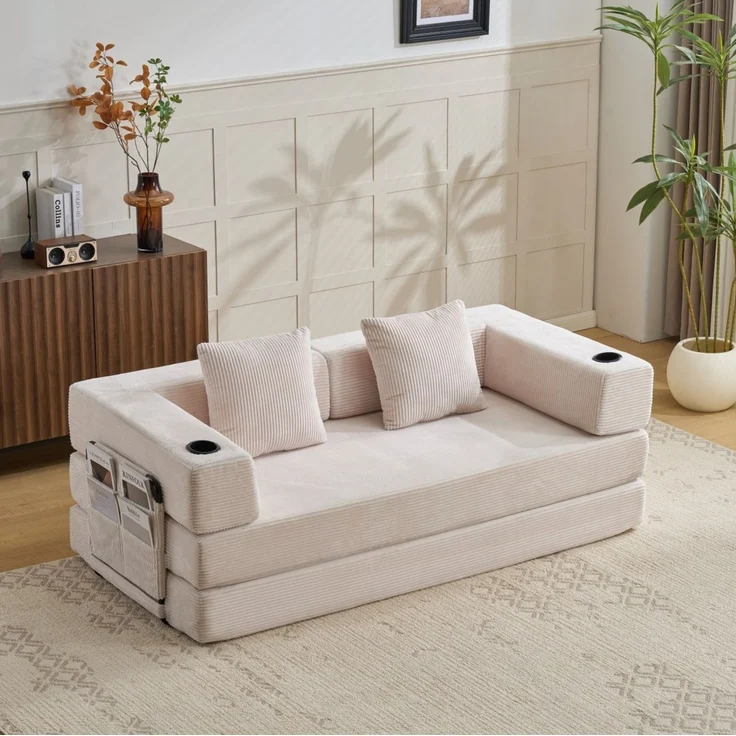 Schlafsofa aus Cord, klappbar mit Becherhaltern und Seitentaschen, 185x92,5x60 cm, Weiß – Bild 4