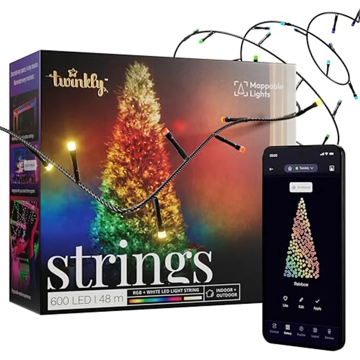 Twinkly Strings - LED-Lichterketten mit 600 RGB + reinen warmweißen LEDs - Weihnachtsbeleuchtung für Drinnen und Draußen - App-gesteuerte Weihnachtsdeko, schwarzer Draht, 48m – Bild 2