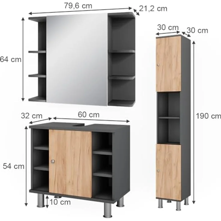 Vichy Badmöbel-Set Fynn, 3-teiliges Badezimmermöbelset in Anthrazit/Goldkraft Eiche mit Hochschrank und viel Stauraum – Bild 3