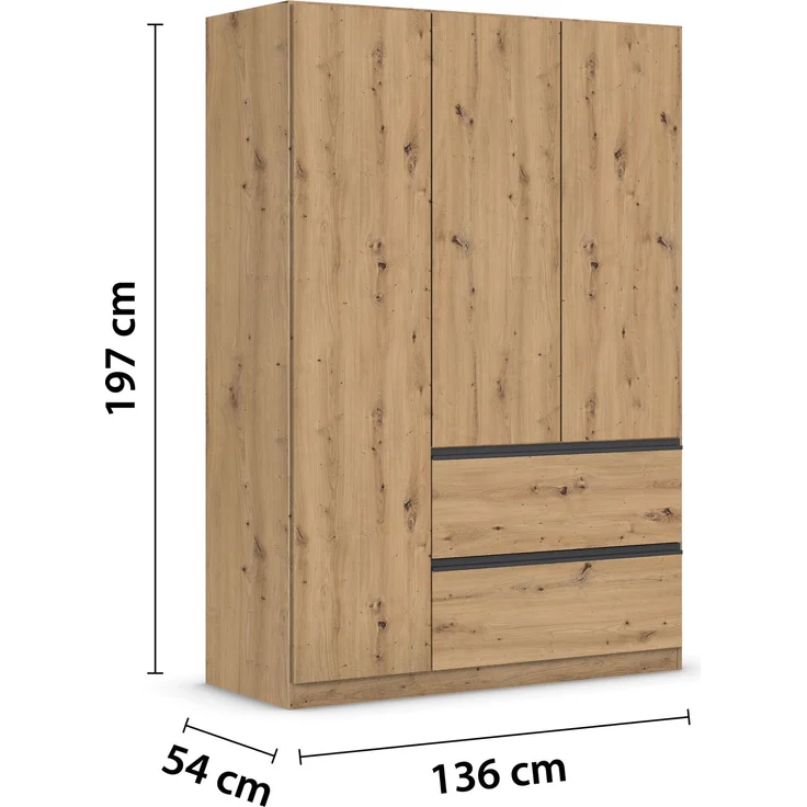 rauch Kleiderschrank, Drehtürenschrank COSTA, 3-türig, 2 Schubkästen, push-to-open, Eiche Artisan, 136 x 197 x 54 cm – Bild 4