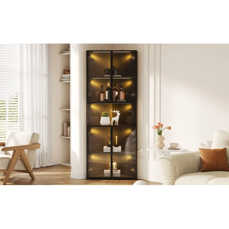 ZUBALIYA Dreieckige Vitrine 62x32x160cm – Schwarzer Eckschrank mit Glasfront, LED-Beleuchtung, Offener Mittelbereich – Display-Schrank für Sammlerstücke, Gläser & Dekoration – Bild 19