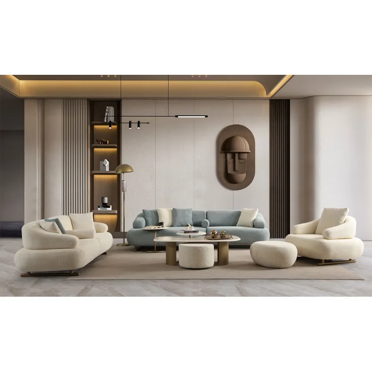 Sitzgruppe/Sofa Set - Wohnzimmergarnitur "Redbud" 3+2+1 + Hocker-Beige/Blau