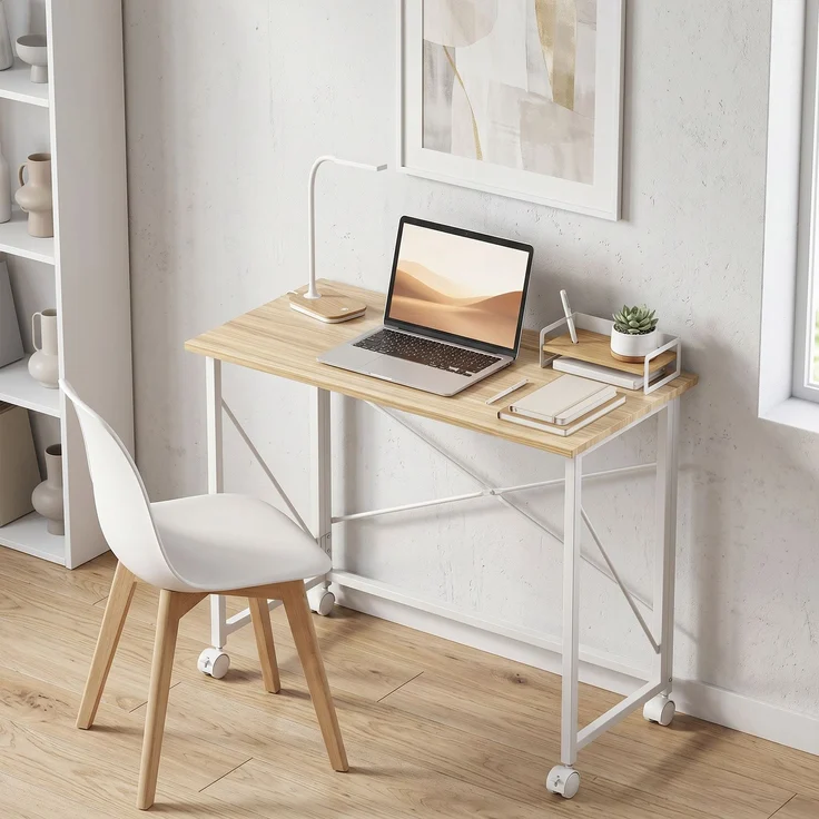 Klappbarer Computertisch 80 x 40 cm auf Rollen für das Homeoffice, das Schlafzimmer, kleine Räume, Eiche – Bild 10