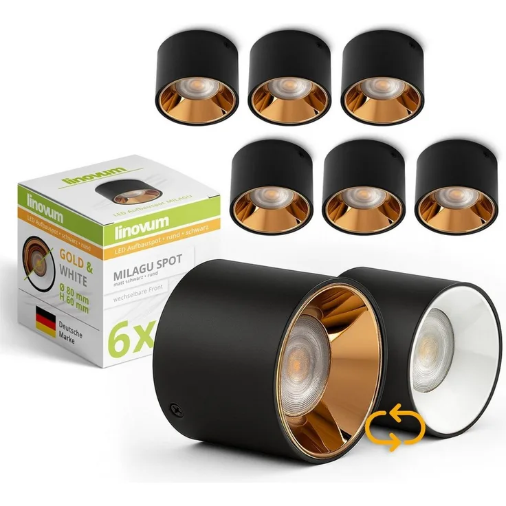 linovum LED Aufbaustrahler MILAGU LED Aufbauspot schwarz gold Aufbaustrahler flach warmweiß, Warmweiß