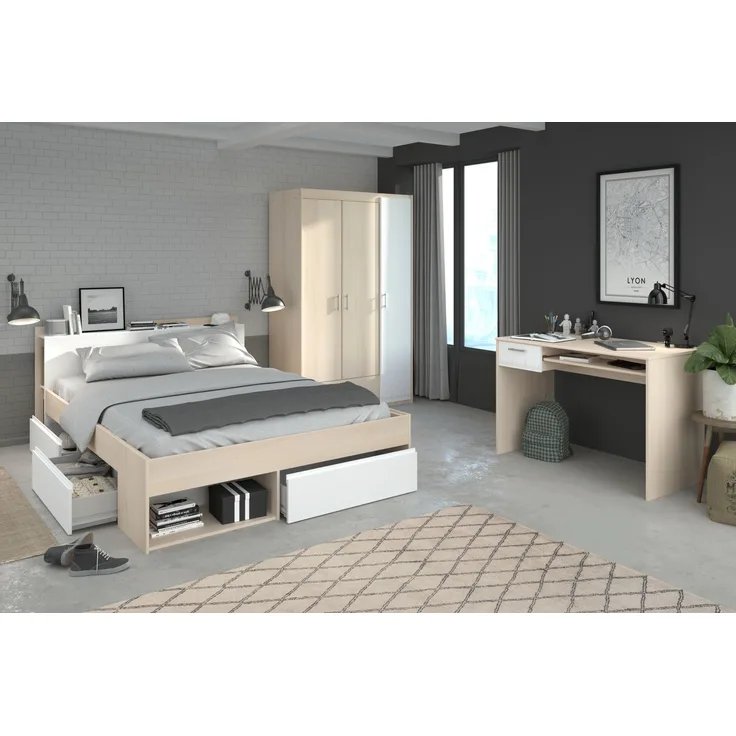 Schlafzimmer-Set >Most 74< (3-teilig) Bett, Kleiderschrank, Schreibtisch, Akazie Dekor / Weiss