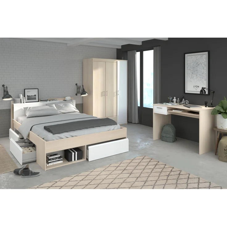 Schlafzimmer-Set >Most 74< (3-teilig) Bett, Kleiderschrank, Schreibtisch, Akazie Dekor / Weiss – Bild 1