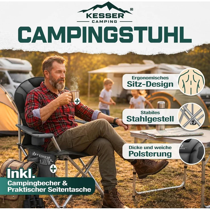 KESSER® Campingstuhl faltbar bis 150 kg Angelstuhl Faltstuhl Klappstuhl Gepolstert mit Armlehnen, Getränkehalter + Tasche mit hoher Rückenlehne, Strandstuhl, Klapphocker Anthrazit / Schwarz – Bild 2