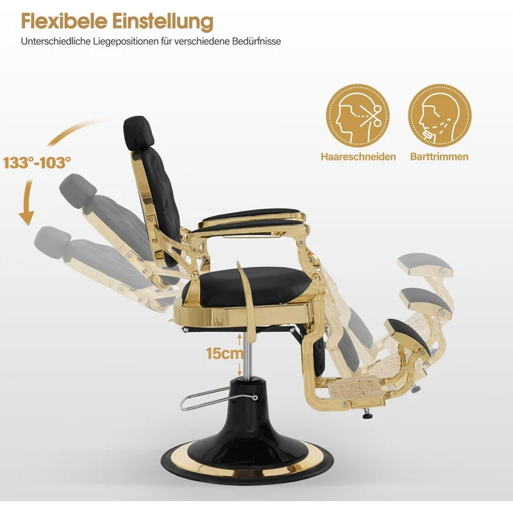 BarberPub Friseurstuhl mit Kopfstütze Kippbar, Friseureinrichtung mit Hydraulikpumpe 360° Drehbar, Höhenverstellbarer Bedienungsstuhl mit Vintage Stil, Kunstleder, 2933GD-F (Gold-Schwarz) – Bild 3