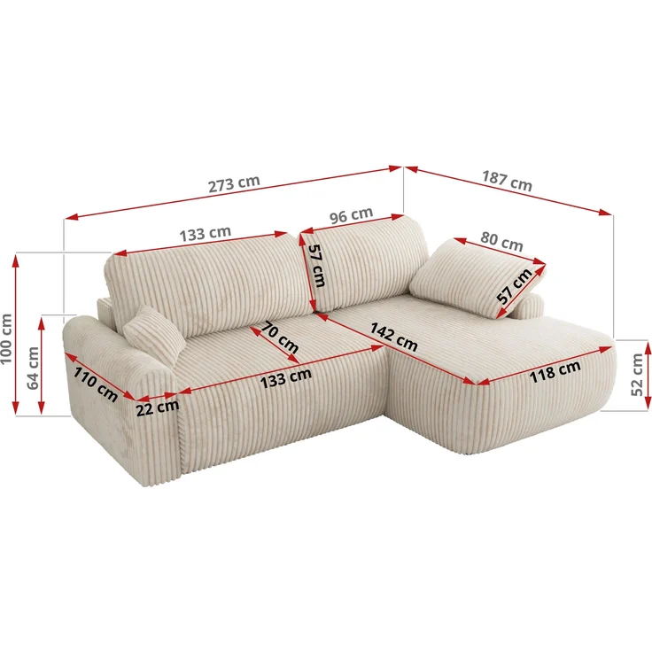 Ecksofa, L-förmiges, lose Kissen, DL-Schlaffunktion, (H 100 x T 187 x B 273 cm) - CUBO L - Cord Beige - linke Seite – Bild 6
