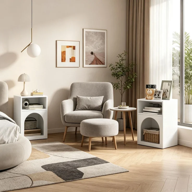 Rayofly-2er-Set Nachttische mit offenen Ablagefächern, modern gebogenes Design für Schlafzimmer, nur 2 Stück, H 60cm x T 40cm x B 30cm, Weiß – Bild 5