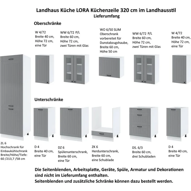 Möbel für Dich Küchenzeile Landhausküche LORA Einbauküche 320 cm, 11-teilig, mit Fronten in wahlweise weiß, beige oder grau – Bild 4