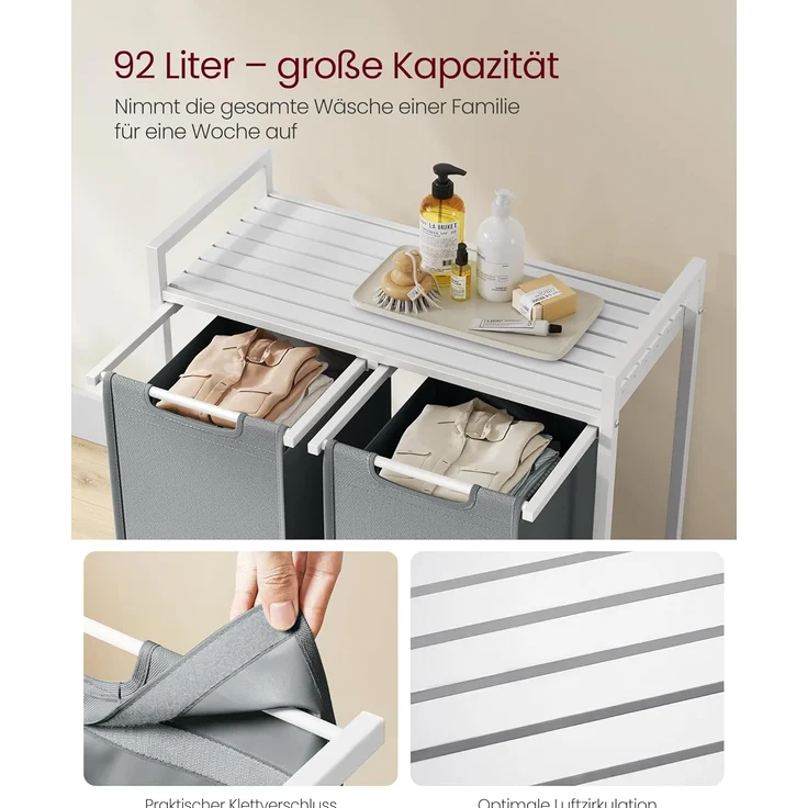 Vasagle Wäschekorb 2 Fächer, Wäschesammler mit Ablage, Wäschebox, Wäschesack aus Oxford-Gewebe ausziehbar abnehmbar, Metallrahmen, 2x46 L, 73 x 33 x 72 cm, weiß-hellgrau von Songmics – Bild 4