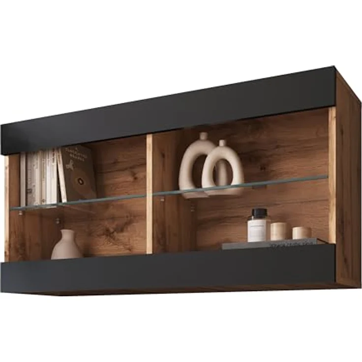 Komodee Hängevitrine Tivoli, Eiche Wotan Schwarz, Glas, 2 Fächer, 100x50x29.5 cm, optionale LED-Beleuchtung – Bild 3