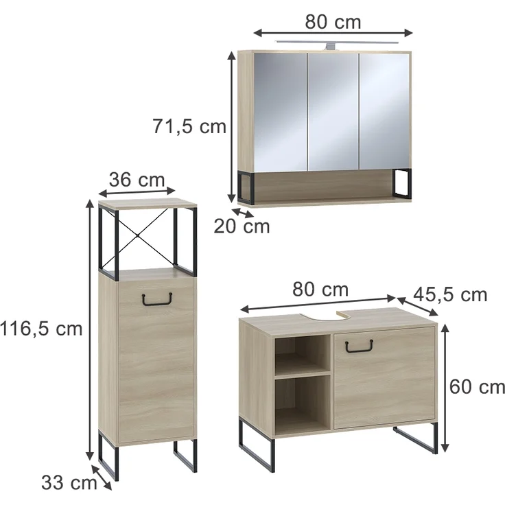 Badmöbel-Set Vionna Eiche/Schwarz 3 Teile Vicco – Bild 2