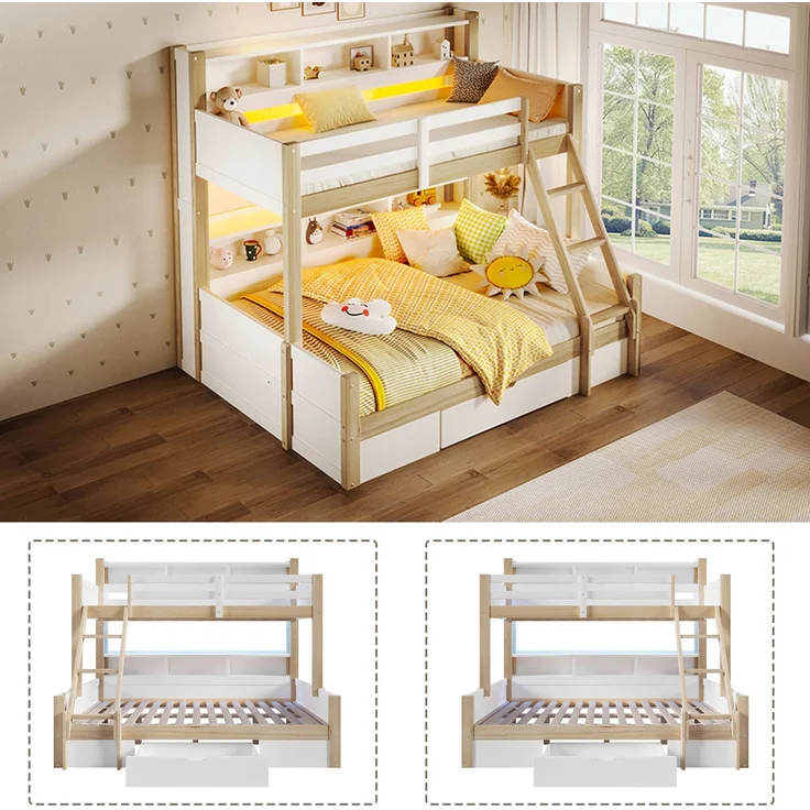 Etagenbett mit 2 Liegeflächen, LED-Beleuchtung, Schubladen, Regal, Rausfallschutz, Lattenrost, 90x200cm/140x200cm, Kinderbett, Massivholz – Bild 7