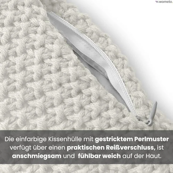 wometo Kissenhülle Strick, Weiß, Oeko-Tex® zertifiziert, 45x45 cm, 2-teiliges Set mit hochwertigem Reißverschluss – Bild 5