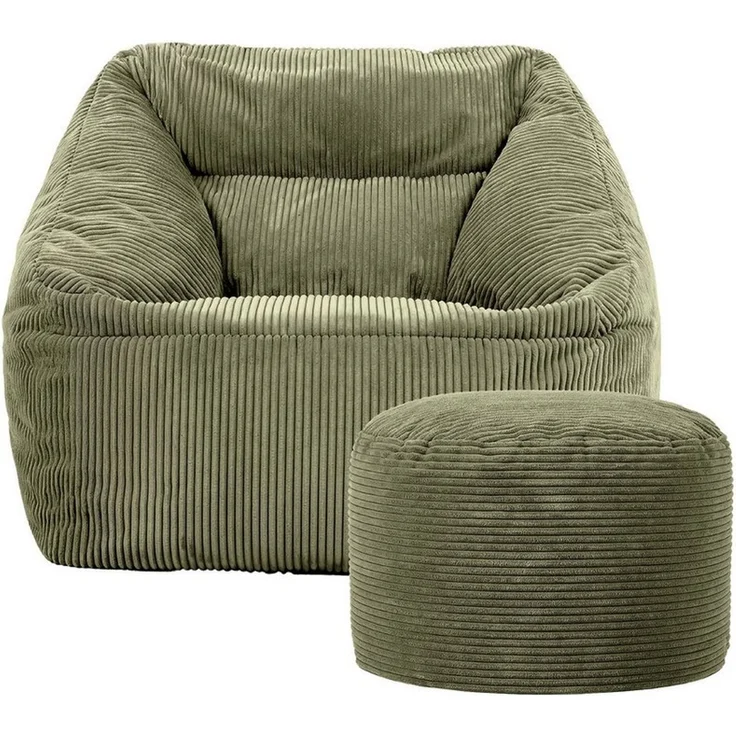 Icon Natalia Sitzsack Sessel mit Hocker für Erwachsene, Salbeigrün, Flauschiger Cord Stoff, Riesen Sitzsack Cord mit Füllung, Bean Bag Chair, Bequemer Sessel Wohnzimmer, Lounge, Schlafzimmer, Büro – Bild 3