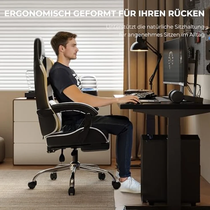 Dowinx Gaming Stuhl, Ergonomischer Gamer Stuhl für Büro und Home Office, Verstellbarer Bürostuhl mit Rückenlehne bis 150°, mit Fußstütze, Belastbar bis 180 kg, Weiß – Bild 7