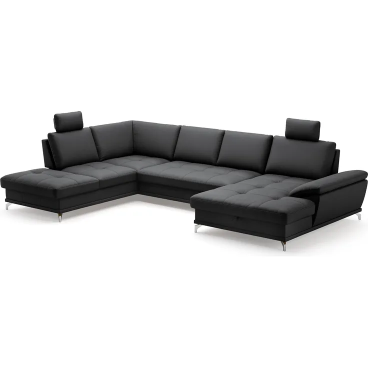 Cavadore Wohnlandschaft Castiel mit Federkern / Sofalandschaft mit großem Longchair, Bett, Bettkasten, Sitztiefenverstellung, Kopfstützen und Metallfüßen / 363x89-104x223 / Echtleder, Schwarz