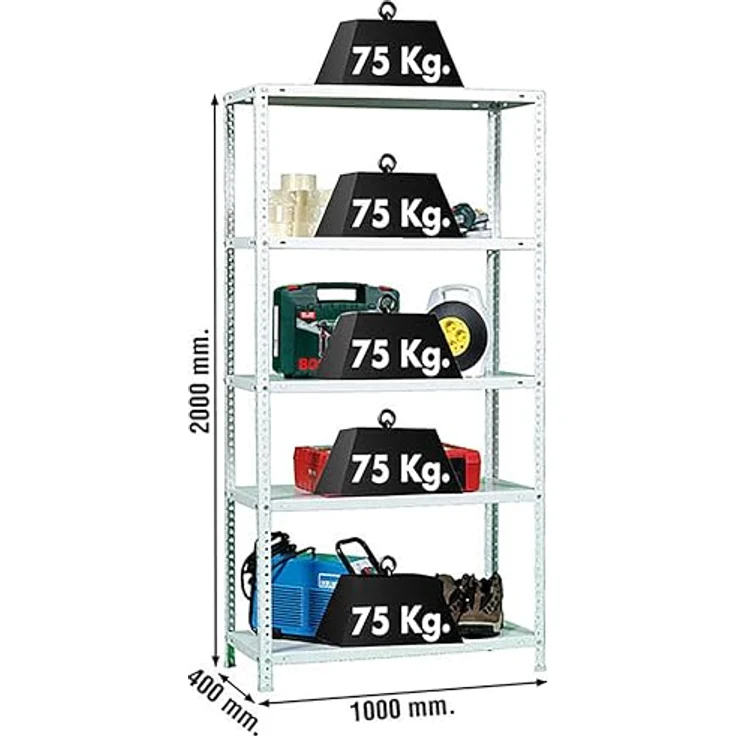 SimonRack Schwerlastregal, Lagerregal, 200 x 100 x 40 Metallregal, Kellerregal, Biegestelle 75 kg, 5 Fachböden, Weiss - Advantage – Bild 4