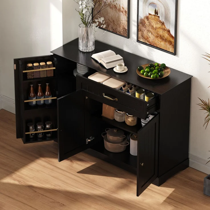 Merax Sideboard Speisewagen mit 3 Türen und einer Schublade, Buffetschrank für Esszimmer, Wohnzimmer und Diele (Schwarz) – Bild 3