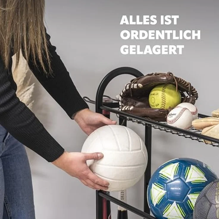 eluno Sportgeräte-Regalwagen Aufbewahrungsständer zur Aufbewahrung von Bällen, 0-tlg, mit seitlichen Haken und Baseballschlägerhalter – Bild 3