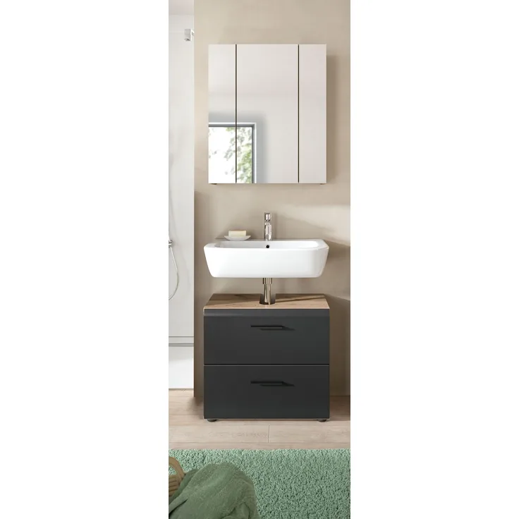 Badezimmer-Set >Ice< in Nox Oak / Schwarz - 60x185x30cm (BxHxT)