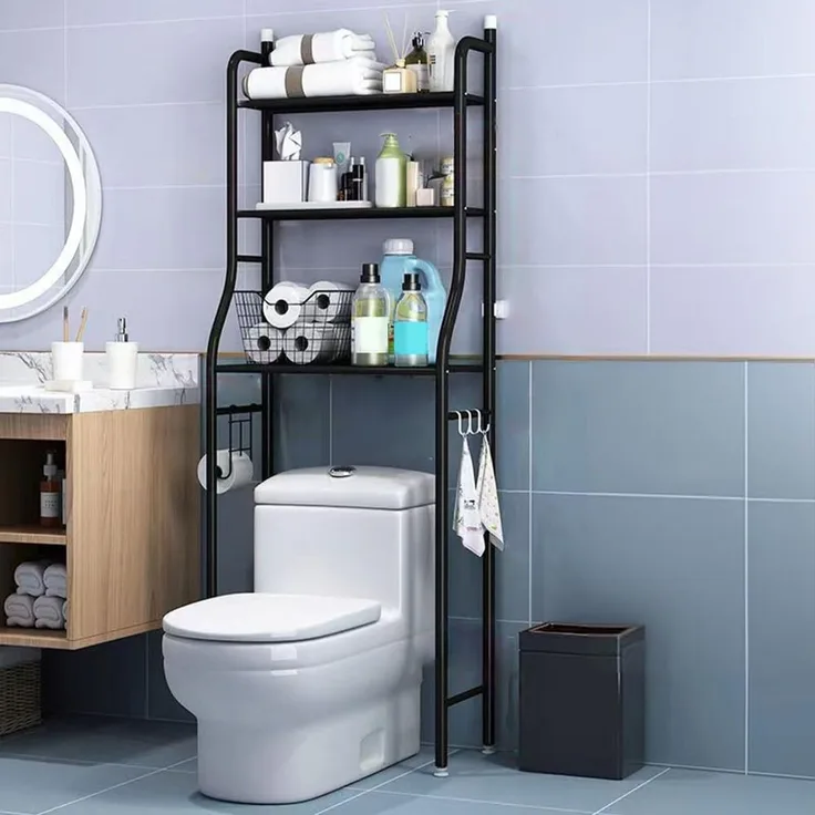 GarveeLife Toilettenregal, 3-stufiges Multifunktionsregal für das Bad, Regal Über der Toilette mit Aufbewahrungskörben, Platzsparendes WC-Regal, Leicht zu Montieren, 50 x 25 x 160cm, Schwarz