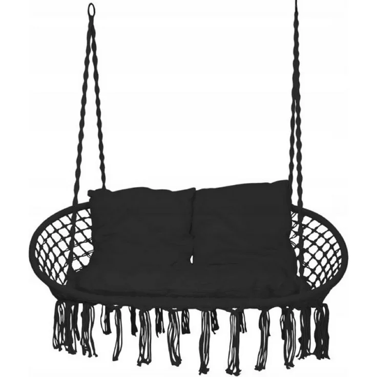 QLS Hängesessel bis 300 kg Indoor Outdoor für 2 Personen Schwarz, Metallgestell + geflochtenes Baumwollseil Boho-Design mit Fransen