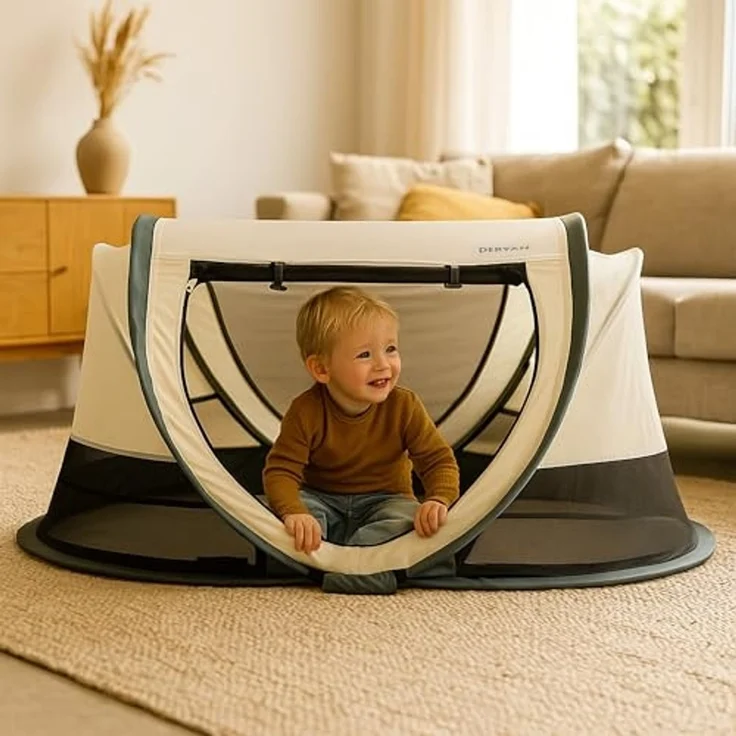 Deryan Scott Baby & Kinder Reisebett mit Matratze - ab Geburt bis 3 Jahre, Pop Up Kleinkindbett Babyzelt in 2 Sekunden aufgestellt, inkl. Moskitonetz & Reisetasche, Schnell & Kompakt Faltbar, Creme – Bild 7