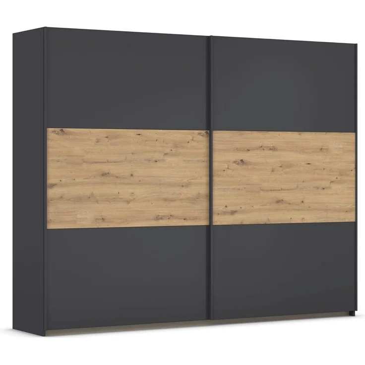 Rauch Möbel Neo, Schwebetürenschrank, Kleiderschrank, Kleiderschränke, Garderobe, Schrank mit Stauraum, 2-türig, Farbe Grau-metallic/Eiche Artisan, 261 x 210 x 59 cm – Bild 1
