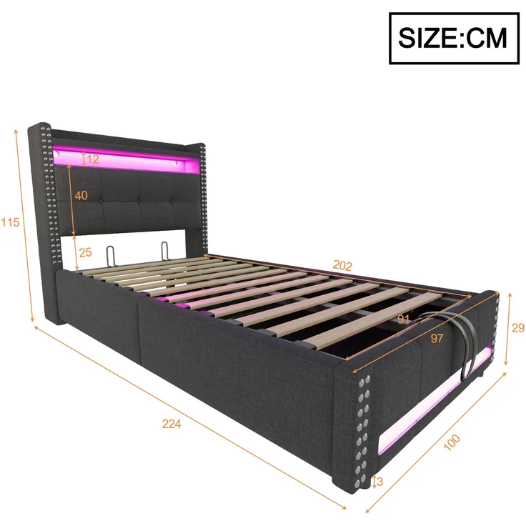 EINHOM Polsterbett Kinderbett 90 x 200 cm mit LED-Beleuchtung und USB-Steckdose, Kopfteil mit Einlegeböden und Stauraum, mit Hydraulik für die Lagerung, Einzelbett, Leinenstoff Grau, (Ohne Matratze) – Bild 2
