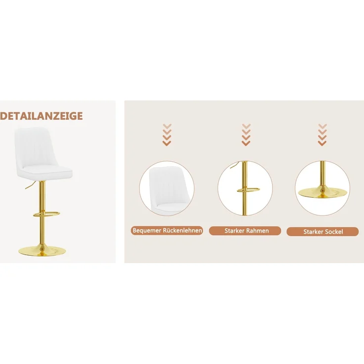 Höhenverstellbarer Barhocker im 2er-Set, 360° drehbar, Rückenlehne mit weißem PU-Leder und Steppmuster, Beine aus goldenem Metall. Geeignet für Kücheninseln und Bartheken.--Weiß + Gold--50x44x44cm--YOUDENOVA – Bild 5