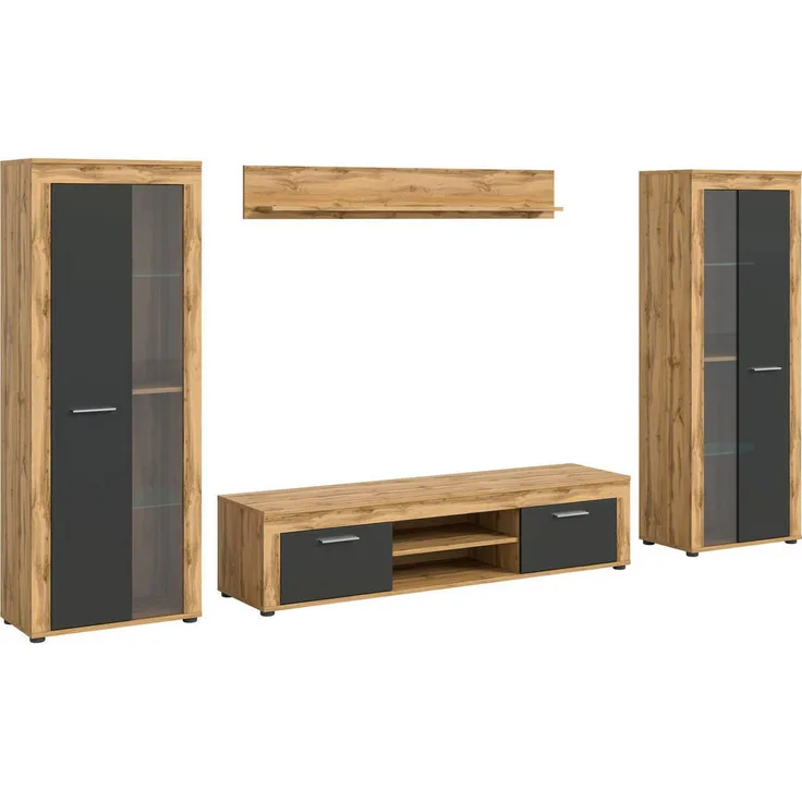 Xonox Wohnwand, 310x159x35 cm, Grau, Holzwerkstoff mit 2 Türen und 3 variablen Einlegeböden