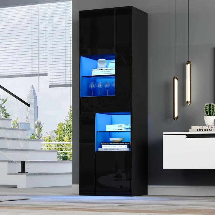 55*38*170cm Verkaufsvitrine, Hochschrank mit 1 Schublade und 4 Schränken,Glasvitrine Vitrinenschränke mit led , Vitrinen Mit Hochglanz-Design,Wohnzimmerschränke, Vitrinen, Schaukästen,Schwarz – Bild 3