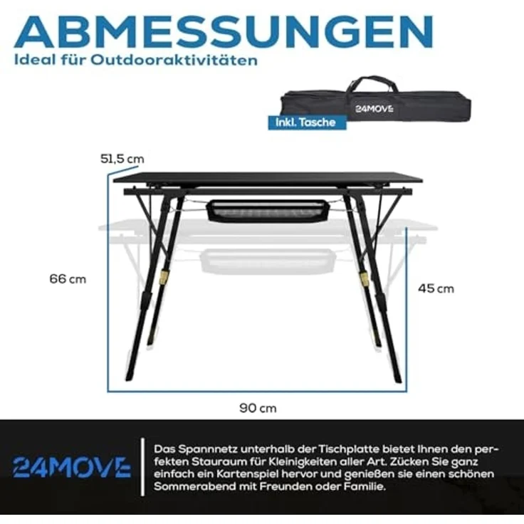 24Move Klapptisch Tisch für Camping und Garten,Klapptisch aus Aluminium (bis 30kg schwarz, inkl. Tasche), Tischplatte faltbar, Aluminiumrahmen höhenverstellbar – Bild 2
