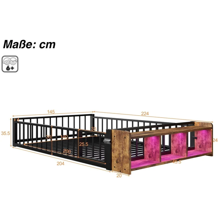 Kinderbett mit LED-Streifen, Regal, Zaun, Lattenrost und Tür, 140x200 cm, Einzelbett mit Rausfallschutz, Metallbett – Bild 6