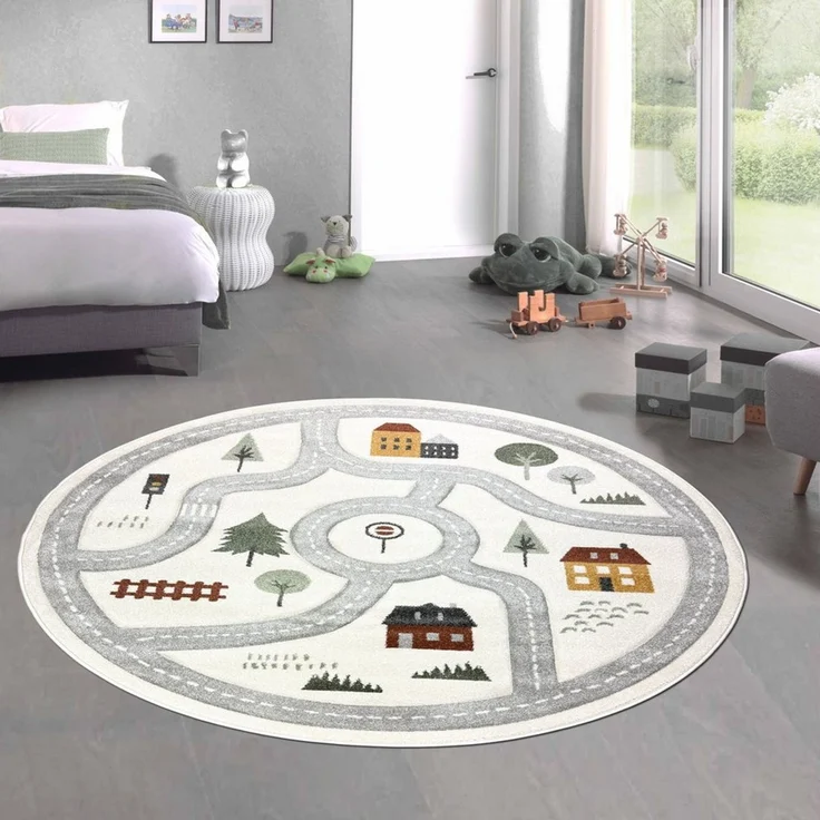 Carpetia Kinderteppich Runder Spielteppich mit Straßenmotiv Weich für Spielbereiche in creme, rund – Bild 1