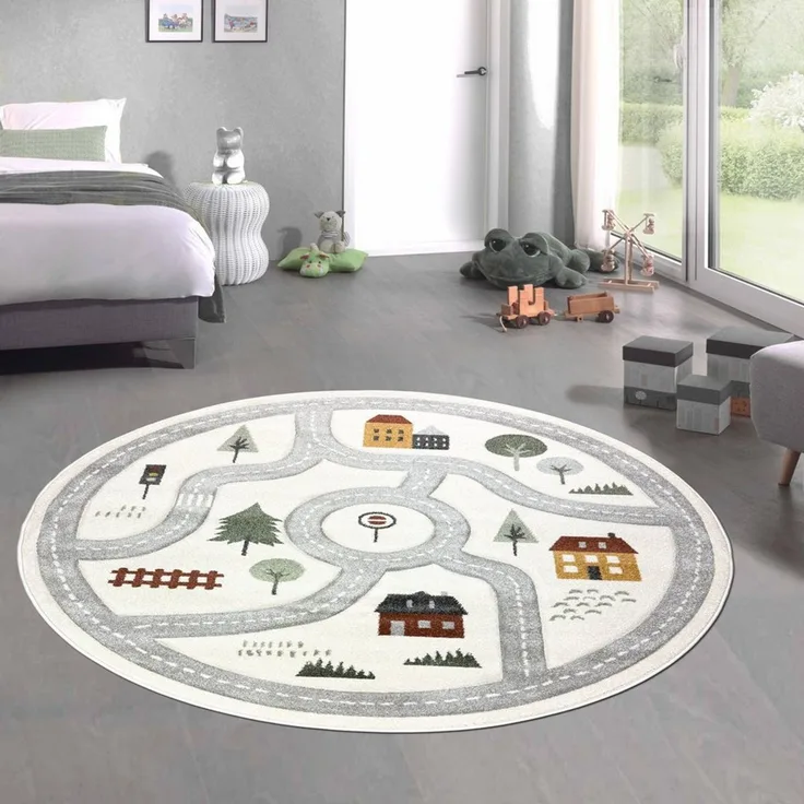 Carpetia Kinderteppich Runder Spielteppich mit Straßenmotiv Weich für Spielbereiche in creme, rund