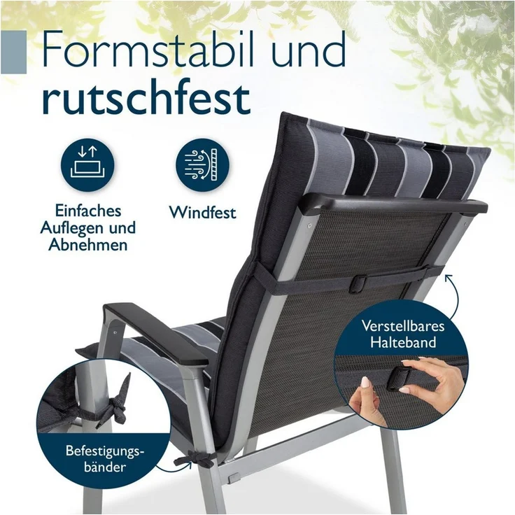 Beautissu Sitzauflage 2er Set Niedriglehner Auflage Sun-NL 100x50x8cm Anthrazit-Gestreift, 8cm Dicke Gartenstuhlauflage mit Befestigung UV-Lichtechtheit 5 – Bild 4
