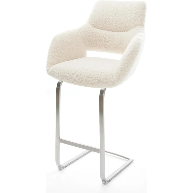 Barstuhl Yago-Flex Teddystoff Beige Freischwinger Flach Edelstahl Silberfarben Taschenfederkern – Bild 2