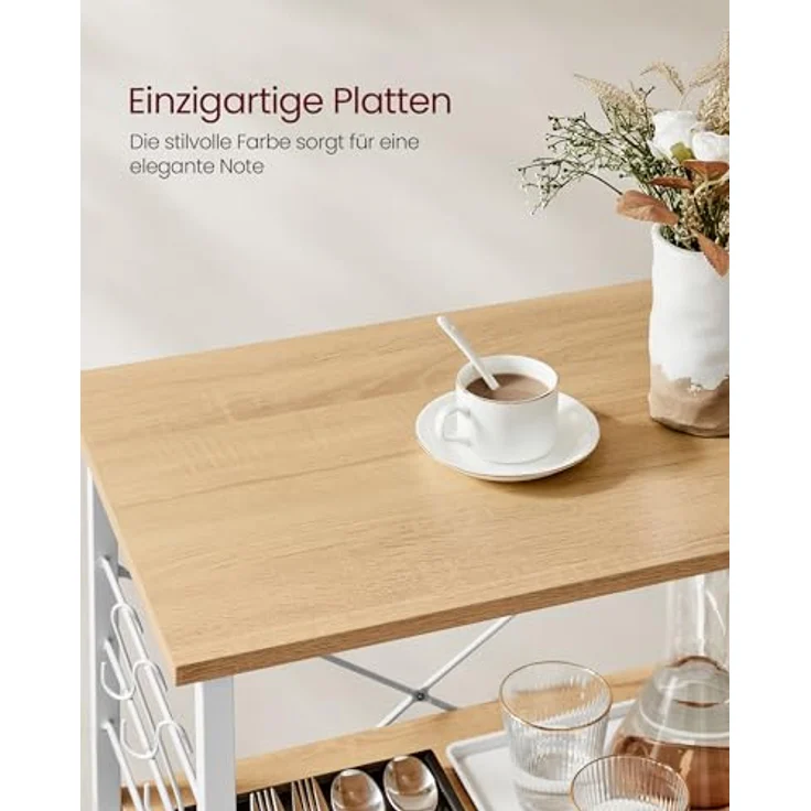 VASAGLE Küchenregal auf Rollen, Servierwagen, 3 Ebenen, Küchenwagen, für Mini-Backofen, Mikrowellen, Metallrahmen, 6 Haken, 40 x 60 x 89 cm, goldeichenfarben-wolkenweiß KKS060Y09 – Bild 7