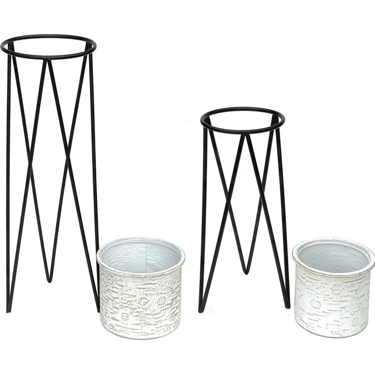 DanDiBo Blumenhocker mit Topf Metall Schwarz Weiß 2er Set Blumenständer 96043 Blumensäule Modern Pflanzenständer Pflanzenhocker – Bild 3