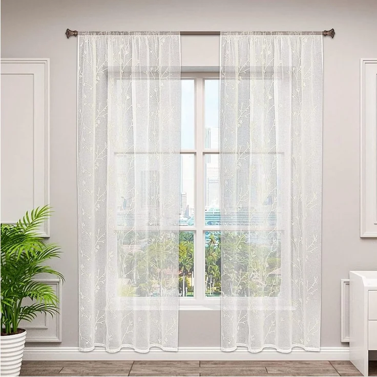 Woltu Gardine (2 St), halbtransparent, transparent Stickerei mit Kräuselband Leinen Optik – Bild 5