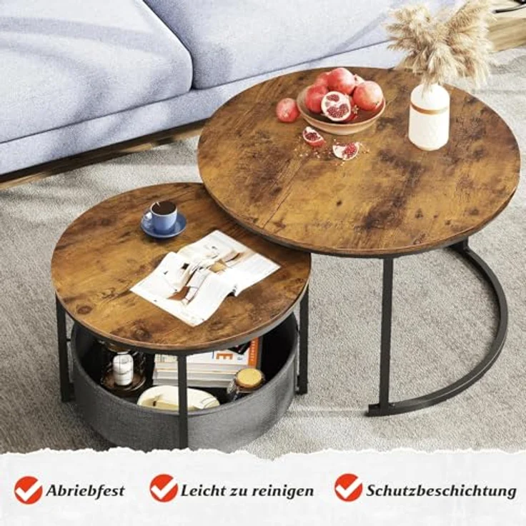 WLIVE Couchtisch 2er Set, Beistelltisch Rund mit Stauraum, Wohnzimmertisch mit Korb aus Stoff，Metallgestell, Kaffeetisch für Wohnzimmer (Rustikales Braun) – Bild 5