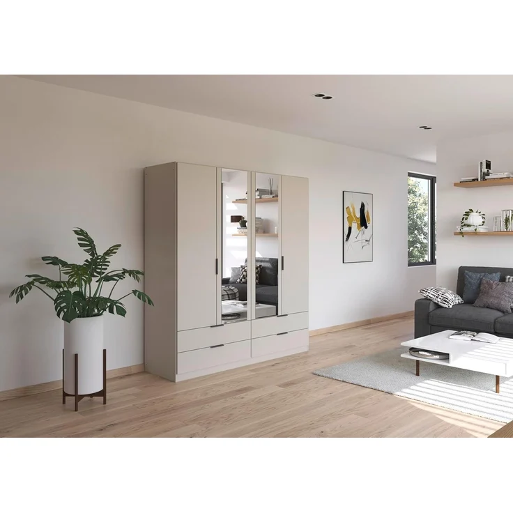 Rauch Möbel Lagoa, Kleiderschrank, Garderobe für Schlafzimmer, Kinderzimmer, Jugendzimmer 4-türig mit Spiegel, 4 Schubladen, mit Zubehör Premium, Farbe Beige, Breite 181 – Bild 2
