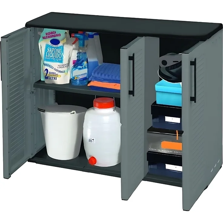 GarPet Garten-Geräteschrank Gartenschrank 3-türig Kunststoff Balkon Haushalts Schrank Wetterfest