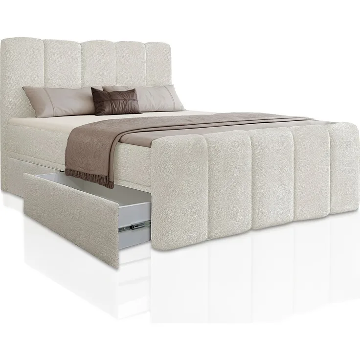 Juskys Boxspringbett Manitoba mit Bettkasten - Bouclé-Stoff, Gepolstertes Kopfteil mit Steppung & Stabile Konstruktion, Topper inklusive - Beige