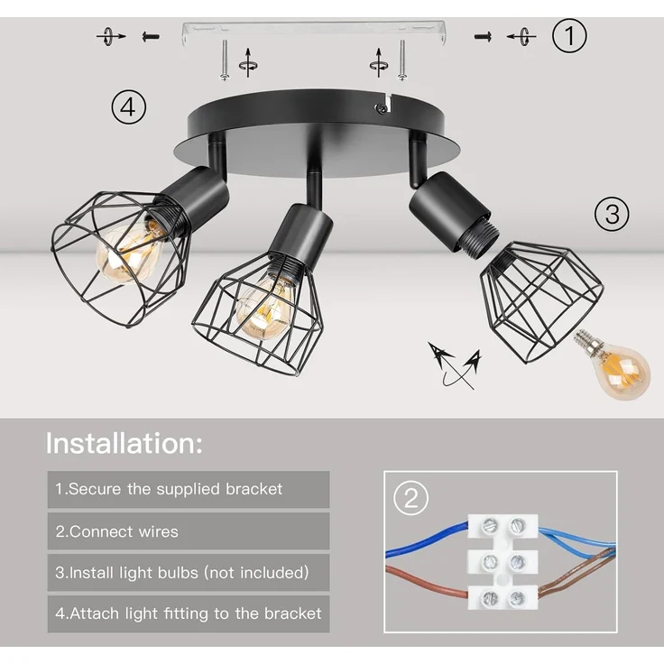 Dehobo Led Deckenstrahler Schwenkbar 350° - Deckenleuchte E14 3 Flammig Rund - Deckenlampe Spots Led Schwarz - Küchenlampe Wohnzimmerlampe Deckenspot Schlafzimmer – Bild 4