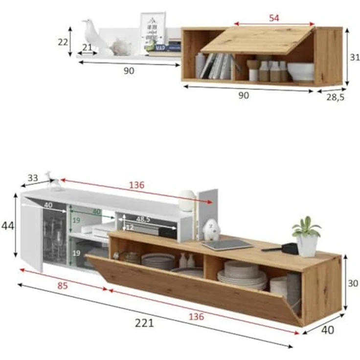 Dmora - Wohnzimmermöbel Miami, Wohnmöbel mit umkehrbarem TV-Ständer, Wohnzimmerkomposition mit Schrankwand und Regal, 220 x 40 x 44 cm, Eiche mit Asteffekt und Weiß – Bild 4